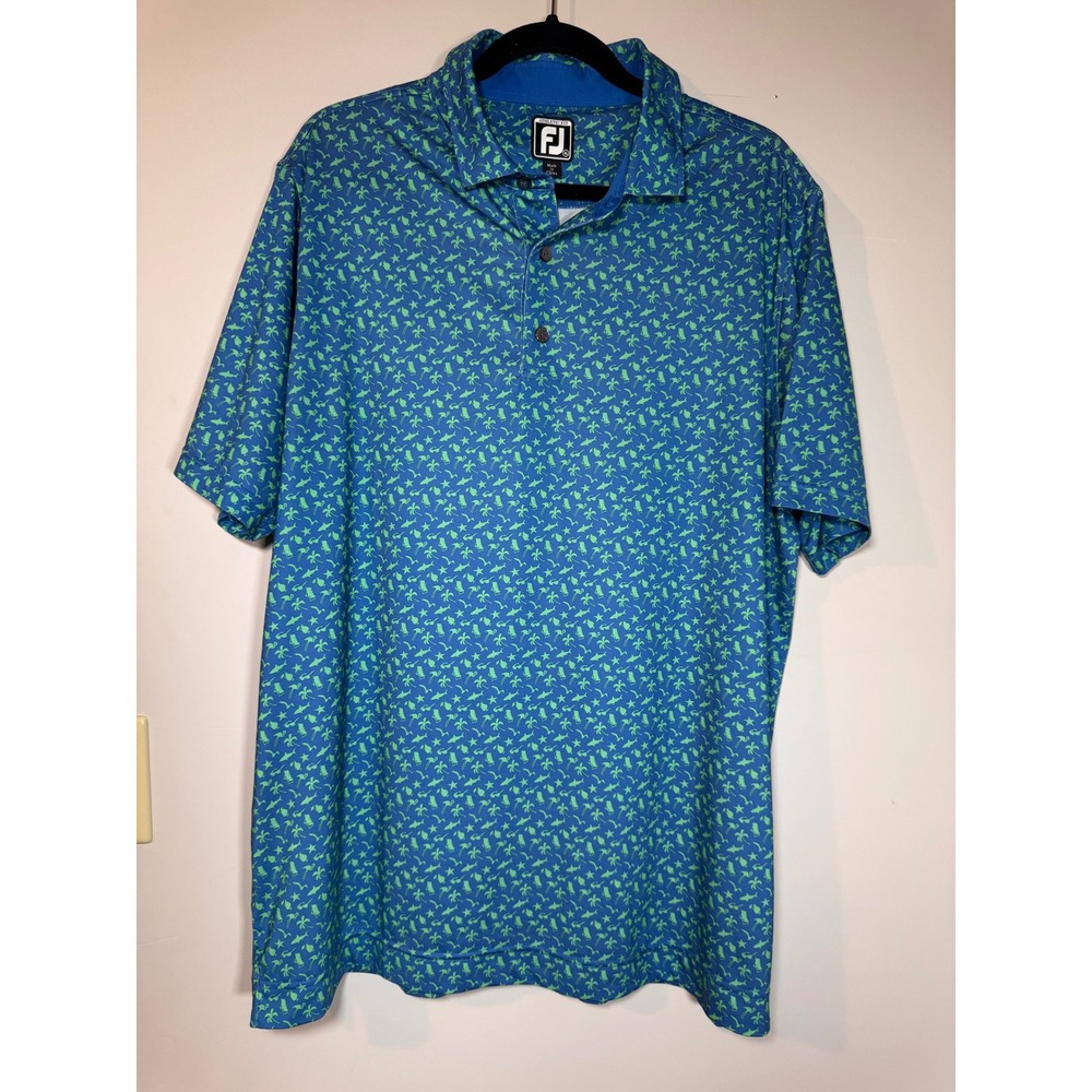FootJoy Mens XL Athletic Fit Golf Polo Shirt Blue Green Tropical Theme